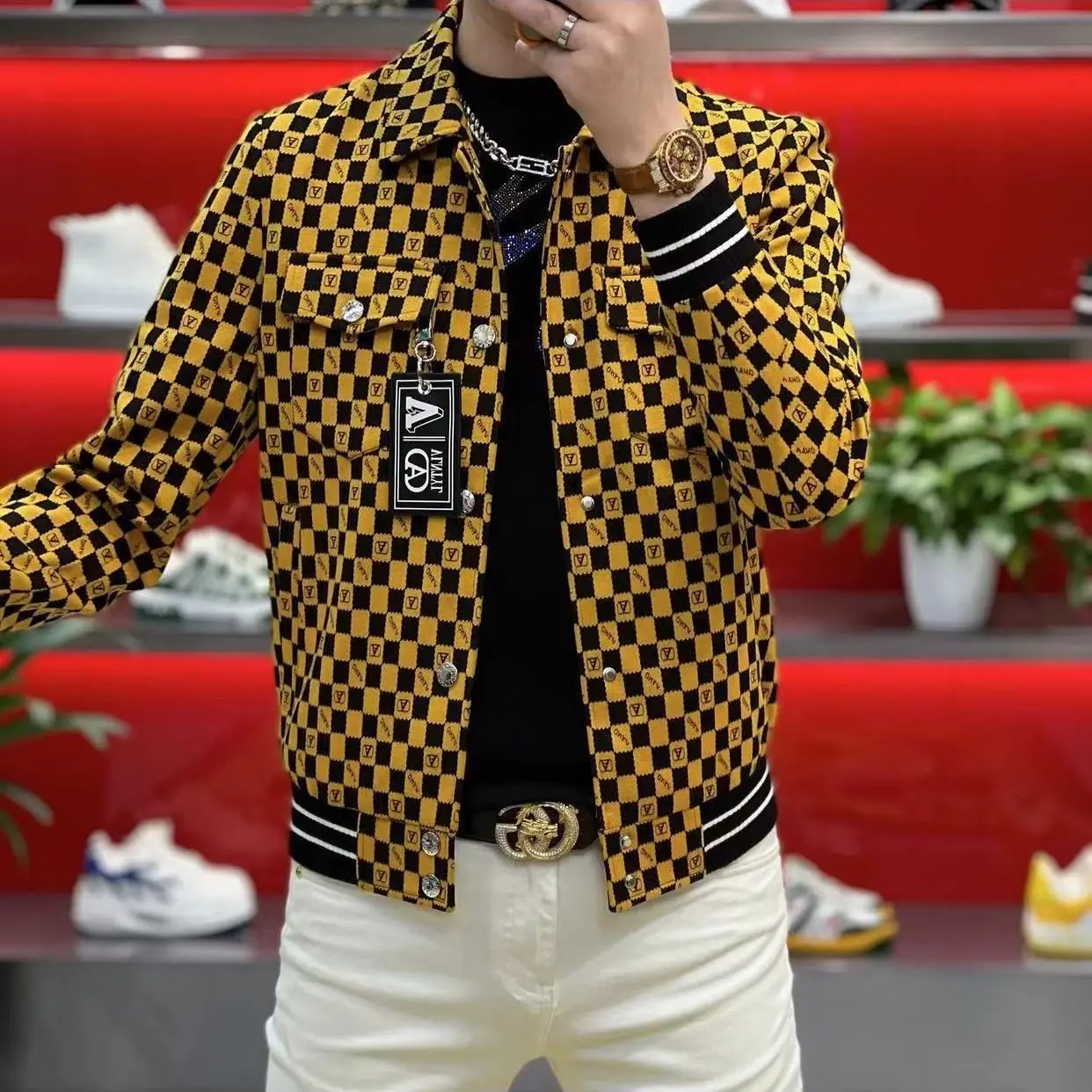 

High-end Jacket Men's Autumn and Winter Distinctive Plaid Lapel Jacket Light Luxury Casual Trendy All-match Trendy Men's Top