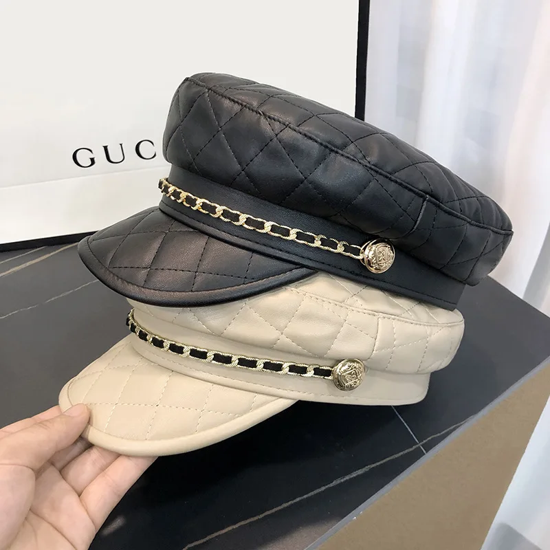 

New Black PU Leather Octagonal Beret Hat Women's Autumn Winter Fashionable Versatile Cap Retro British Style Warmth Artist Hats