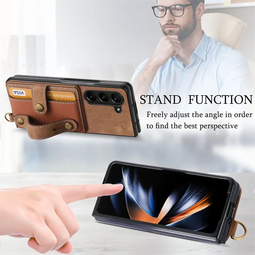 Wrist Strap PU Leather Stand Phone Case For Samsung Galaxy Z Fold 6 5 Fold6 Fold5 5G Wallet with Card Holder Shockproof Cover