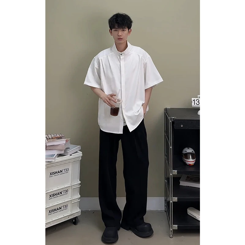 

New Chinese Sle Ice Silk ort Sve irt Men's Summer CleanFit Pleated irt Premium Feeling Haome Seven-Five Sve