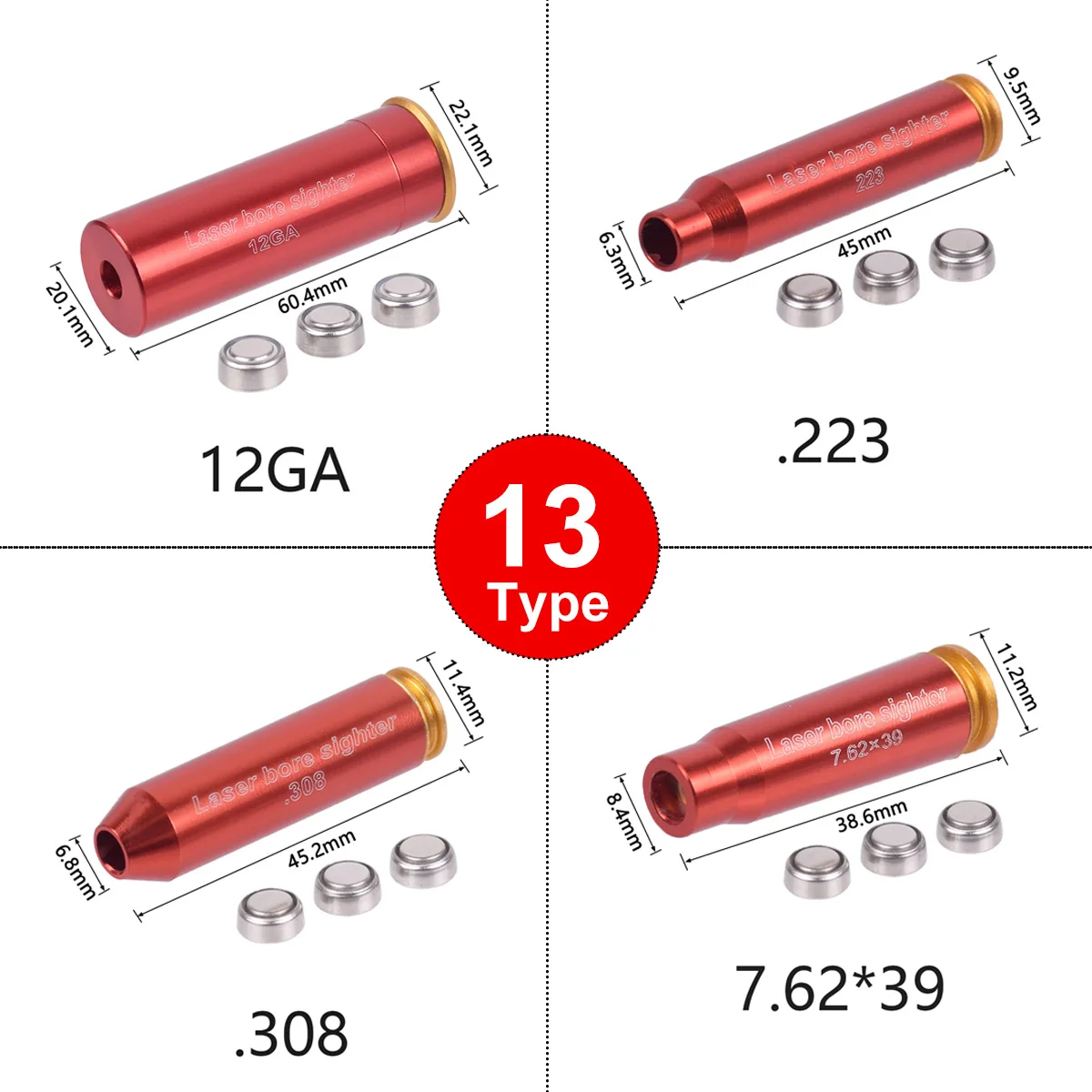 

Tactical Laser Bore Sight Red Boresighter Cartridge 9mm 12GA 20GA .223 .308 5.45x39 7.62x39 9x19mm Training Bullet Snap Caps