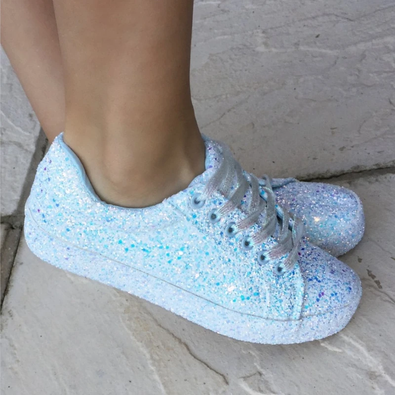 Women Lace Up Sneakers Glitter Summer Flats Vulcanized Shoes Ladies Bling Casual Female Fashion Platform Shoe Zapatos De Mujer