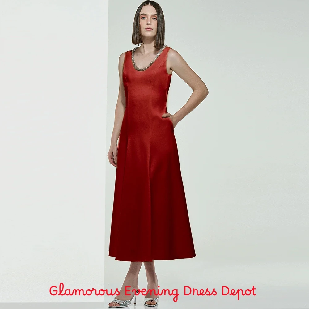 فستان سهرة رشيق من الساتان، فساتين مناسبة خاصة كريستالية رائعة، فساتين كلاسيكية بدون أكمام مخصصة لحفلات العودة للوطن