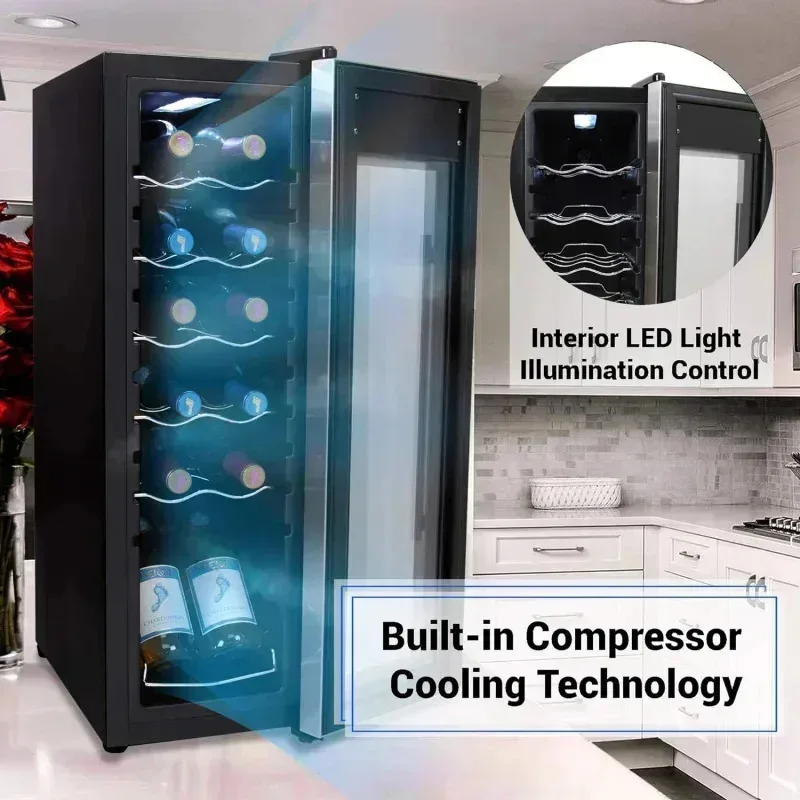 PMD4-NutriChef PKCWC12 مبرد ثلاجة كونترتوب، ثلاجة نبيذ صغيرة مدمجة قائمة بذاتها، تحكم رقمي، 12 زجاجة،