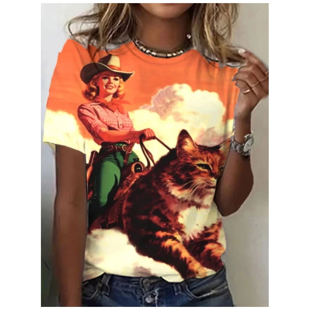 

Women's Western Style Cowgirl Cat Printed Casual T-Shirt For Little Girls