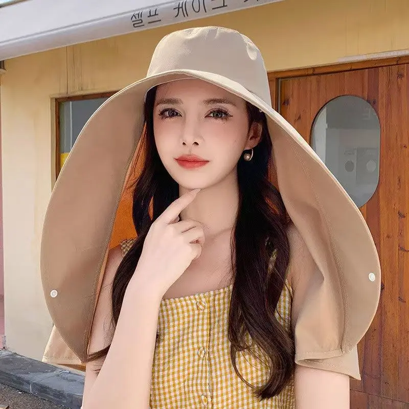 Full Face Sunscreen Large Brim Shawl Sun Hat Women's Neck Protector Integrated UV Protection Bucket Hat Exposed Ponytail