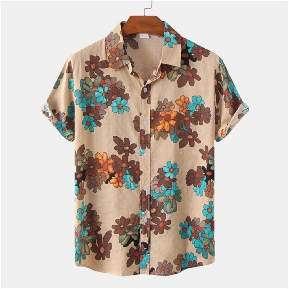 วินเทจลายดอกไม้ 3D พิมพ์เสื้อแขนสั้นผู้ชายหลวมฮาวายเสื้อสไตล์เสื้อลําลองปุ่มแฟชั่นเสื้อแขนสั้น