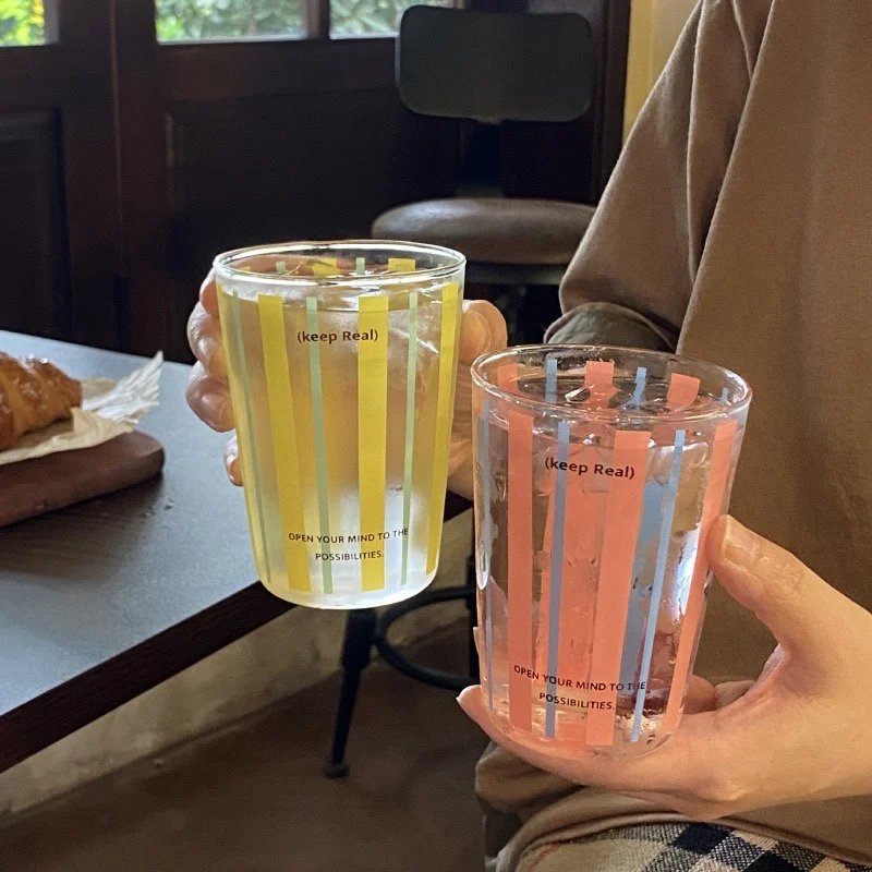 High-end Korean Contrasting Color Glass Cups High Temperature Resistant Household Coffee Cup Line Designed Cold Drink Cup