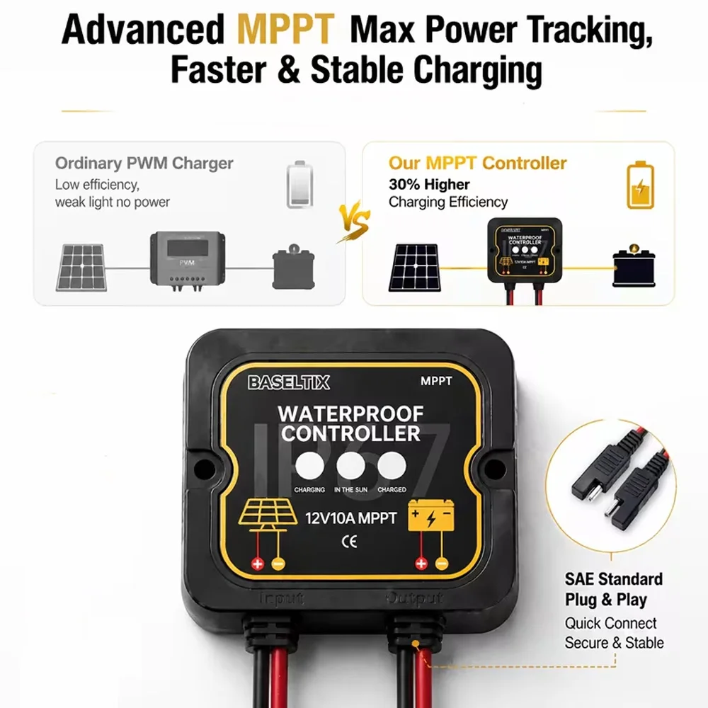 12V 10A MPPT Solar Charge Controller IP67 Waterproof for GEL AGM LiFePO4 Batteries