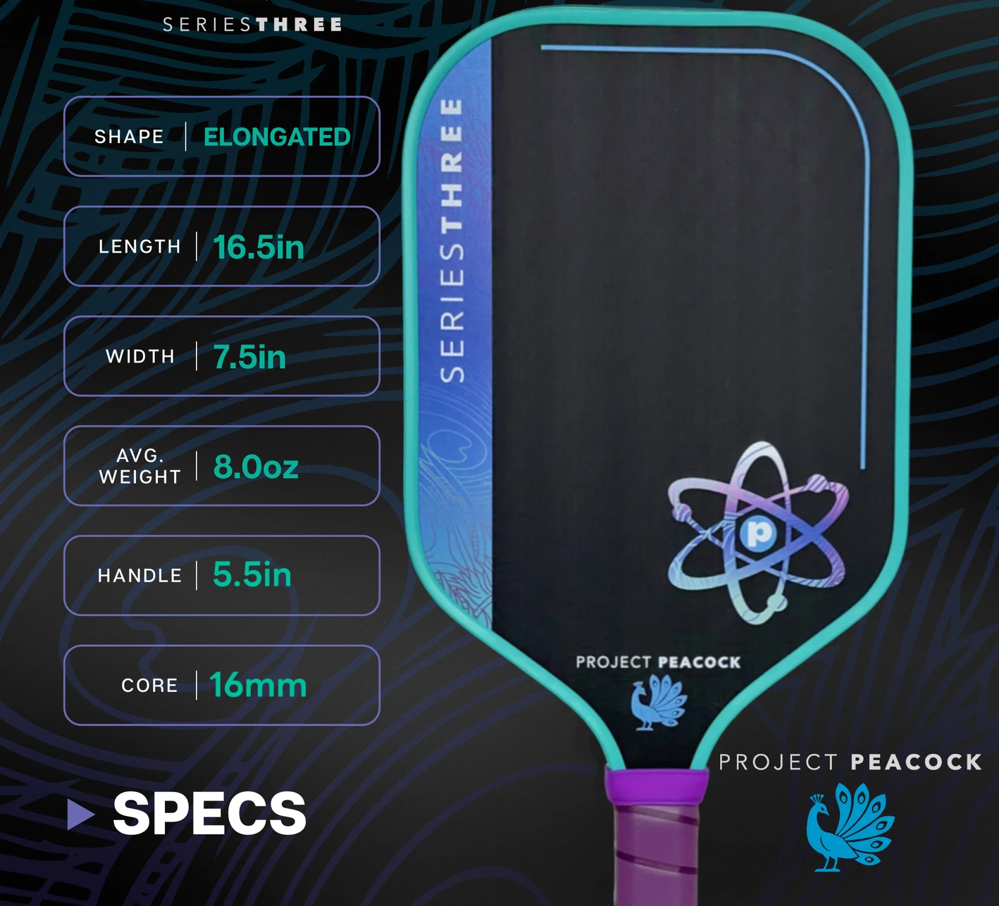 

PROJECT PEACOCK Pickleball Paddle, текстурированная поверхность из углеродного волокна T700, полимерный сотовый сердечник 16 мм, сбалансированное питание, контакт и управление