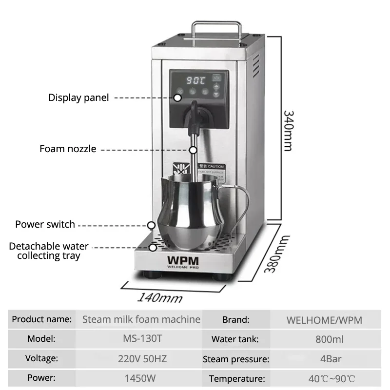 WPM MS-130T Montalatte elettrico a vapore Pompa commerciale Macchina per schiumare il latte e caffè a pressione Impostazione intelligente della temperatura