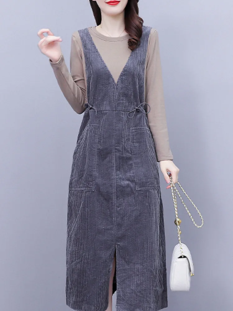 #8033 Autumn Winter False Two Piece Corduroy Dress Women Long Sleeve Vintage High Waisted A-line Midi Dress Pockets Split Joint