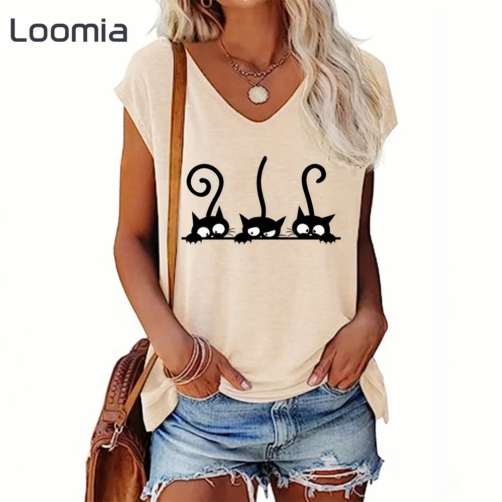 

Summer Minimalist Cat Pattern T-Shirt Fashion Woman Clothing V-Neck Female Clothing Harajuku Streets Cat Graphic T Shirts Tops