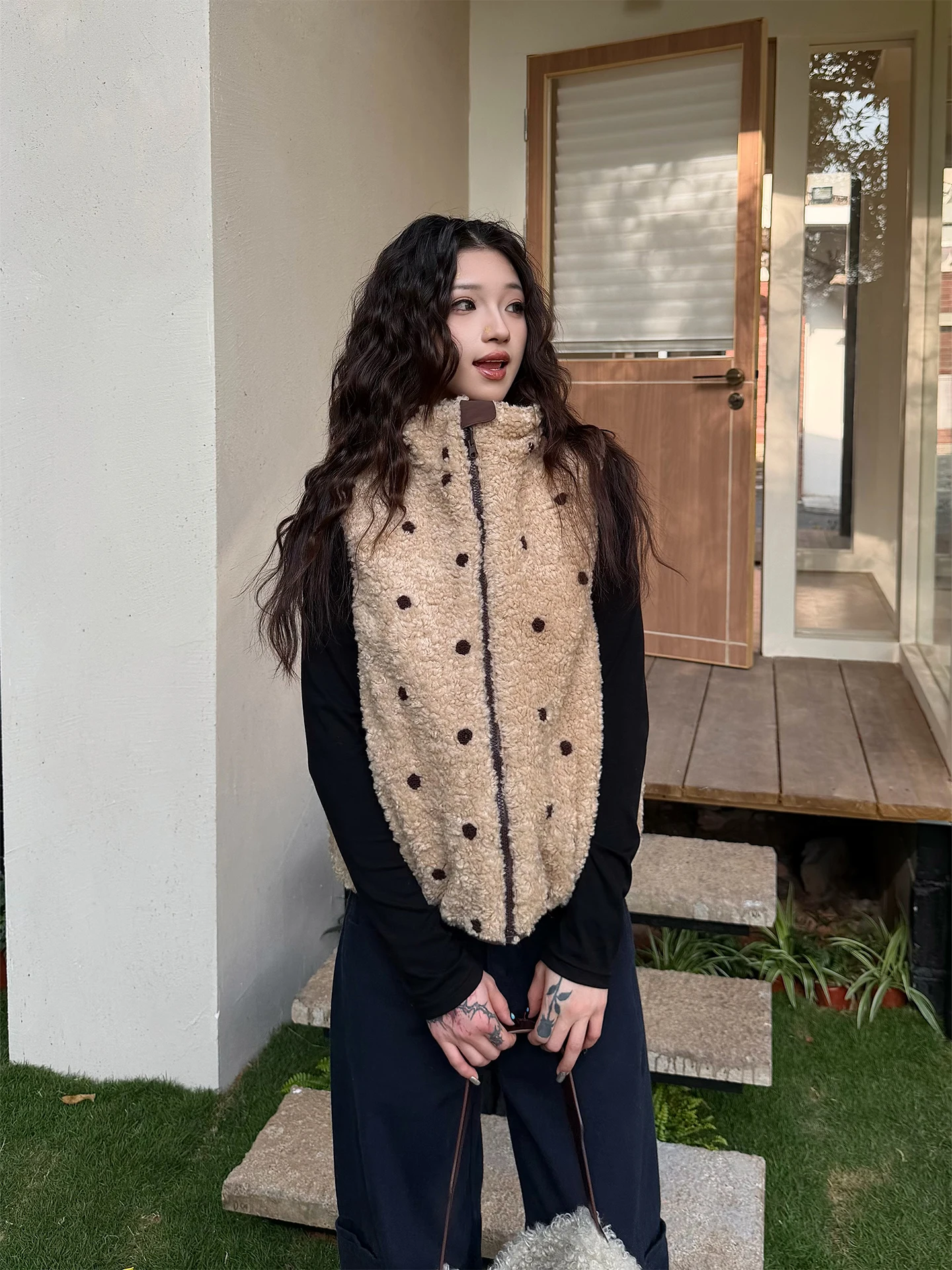 

Double-Sided Wear Lamb Velvet Cotton Vest Women's American Retro Polka Dot Fluffy Svel Cotton Jaet Outerwear