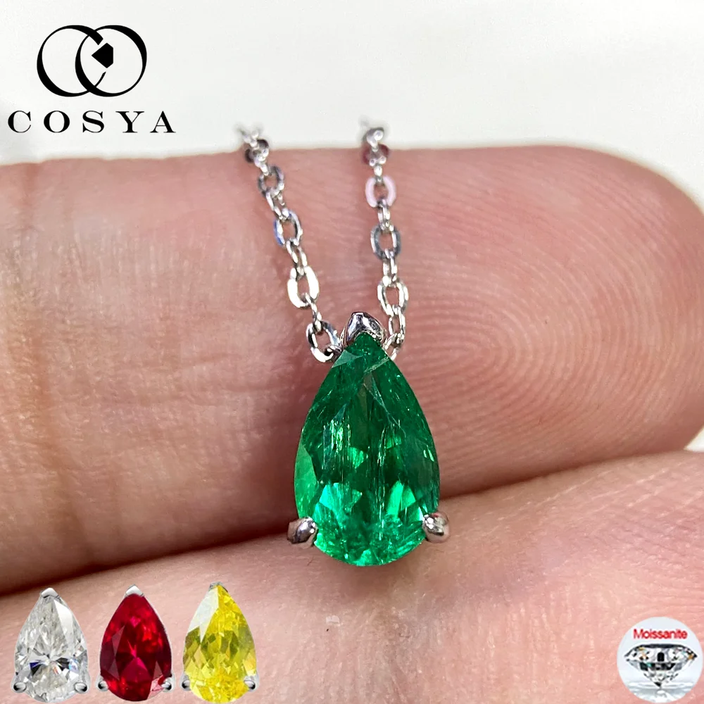 

COSYA 1-4CT Pear Cut Lab Grown Colombian Emerald/Ruby Necklace For Women S925 Silver Moissanite Waterdrop Necklace Fine Jewelry