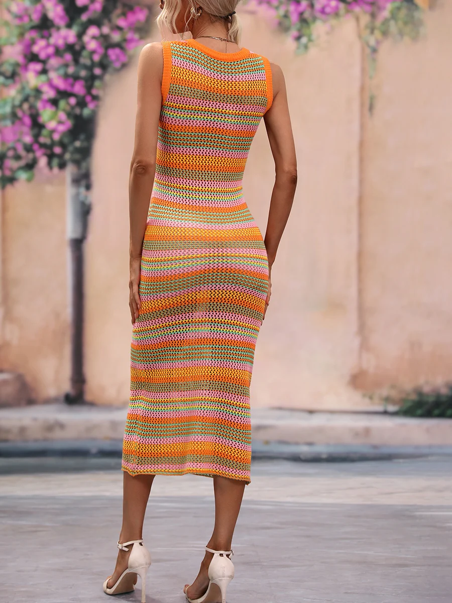 Women Tank Tops Knit Long Dress Sleeveless Slim Fit High Waist Casual Stripes Crochet Holiday Beach Party Street