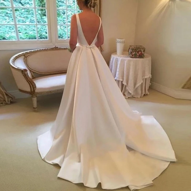 Sexy White Scoop Wedding Dresses 2023 Backless Bride Dress vestidos de novia Satin Wedding Evening Gowns свадебное платье