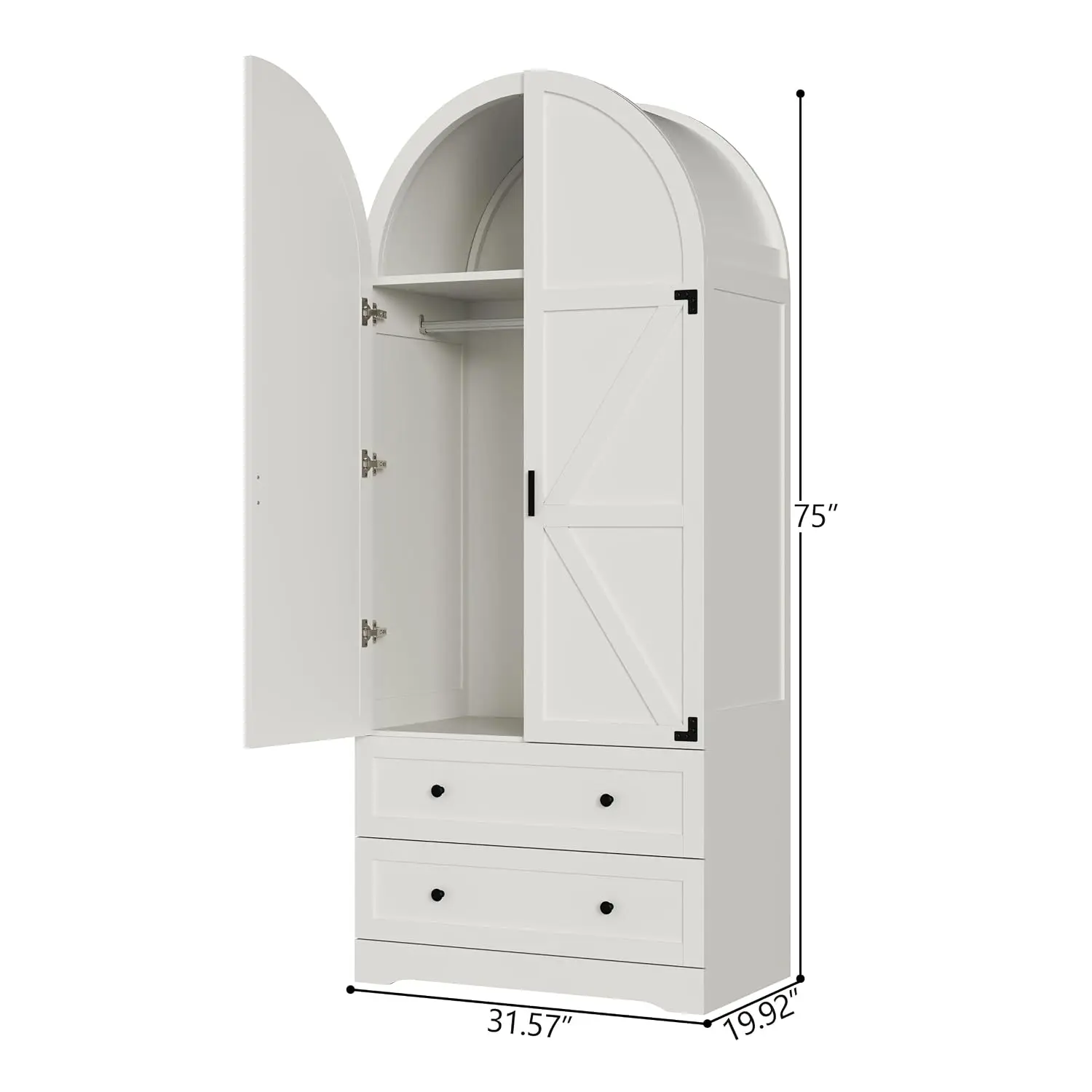 White Wooden Wardrobe with 2 Doors & 2 Drawers,Freestanding Bedroom Armoire with Hanging Rack & Strong Door Closure,Customized