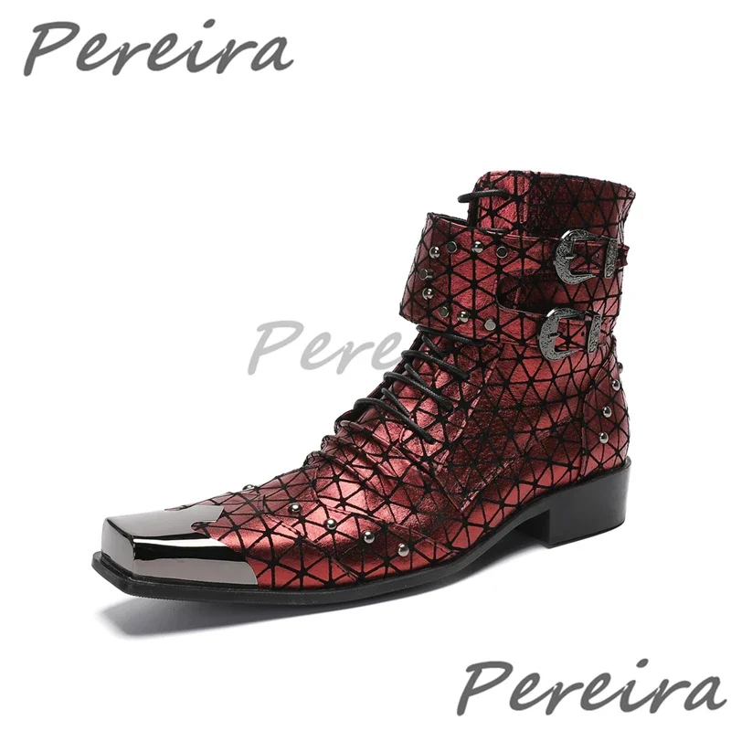 

Ботинки челси с металлическим квадратным носком, глянцевая натуральная кожа, красные ботильоны в клетку, мужская обувь в стиле панк с двойной пряжкой и заклепками на молнии