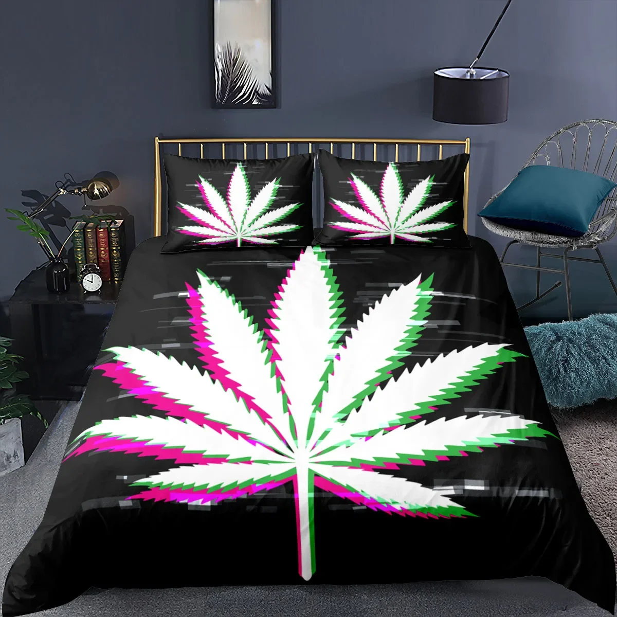 Cannabist Leaves Duvet Cover King Marijuana Weed Bedding Set Green Trippy Leaves Boho Polyester Comforter Cover for Teens Adults