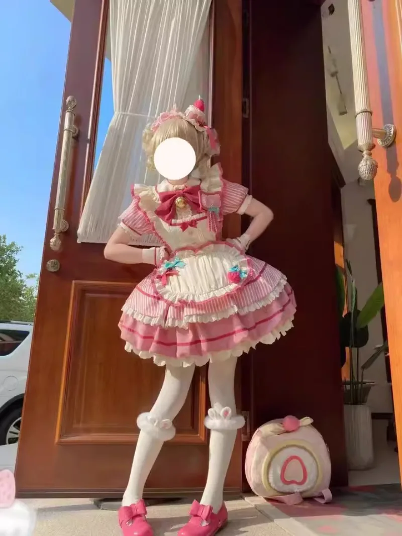 2025 novo verão japonês lolita lapela arco rosa e branco cor combinando cintura avental fino vestido para mulher