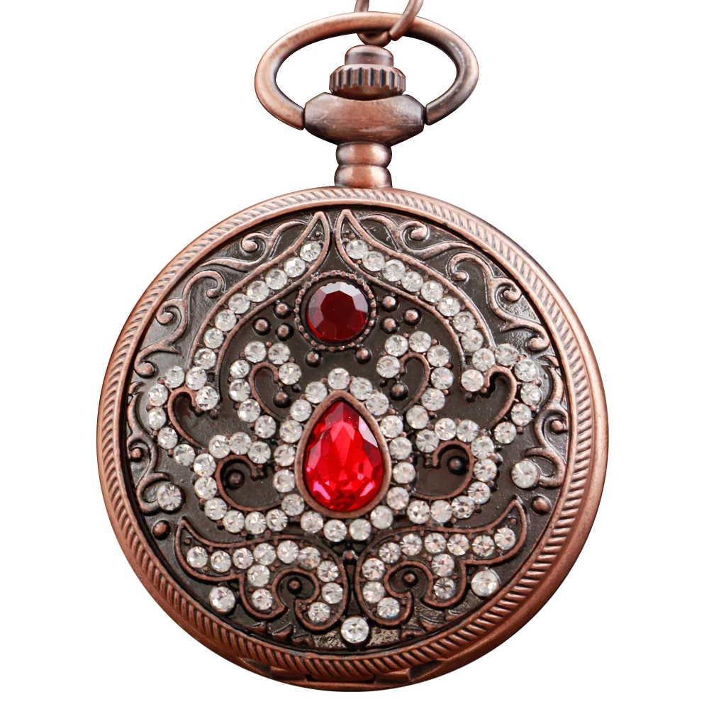 Exquisite Red Fake Gem Rhinestone Luxury Quartz Pocket Watch Men's and Women's Necklace Clock Steampunk Fashion Gift Accessories