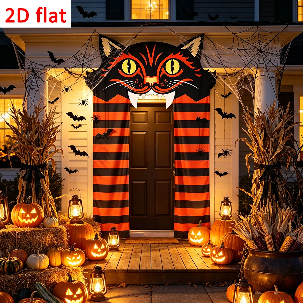 Schwarzer Katzen-Halloween-Torbogen-Vorhang, Orange-Schwarz Gestreiftes Katzen-Gesicht Türbanner für Veranda, Halloween-Party Eingangsbereich Dekoration – Detail 3