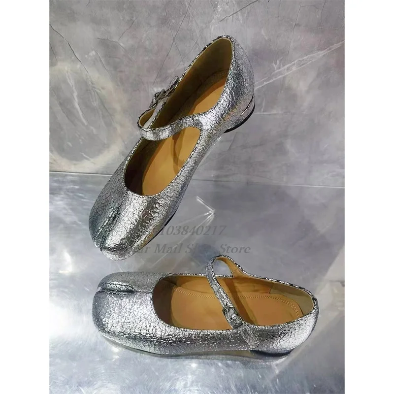 Silver Cracked Split Toe Women Shoes Square Toe Shallow Mouth Straight Buckle Strap Square Heel Flat Shoes Concise Ballet Shoes