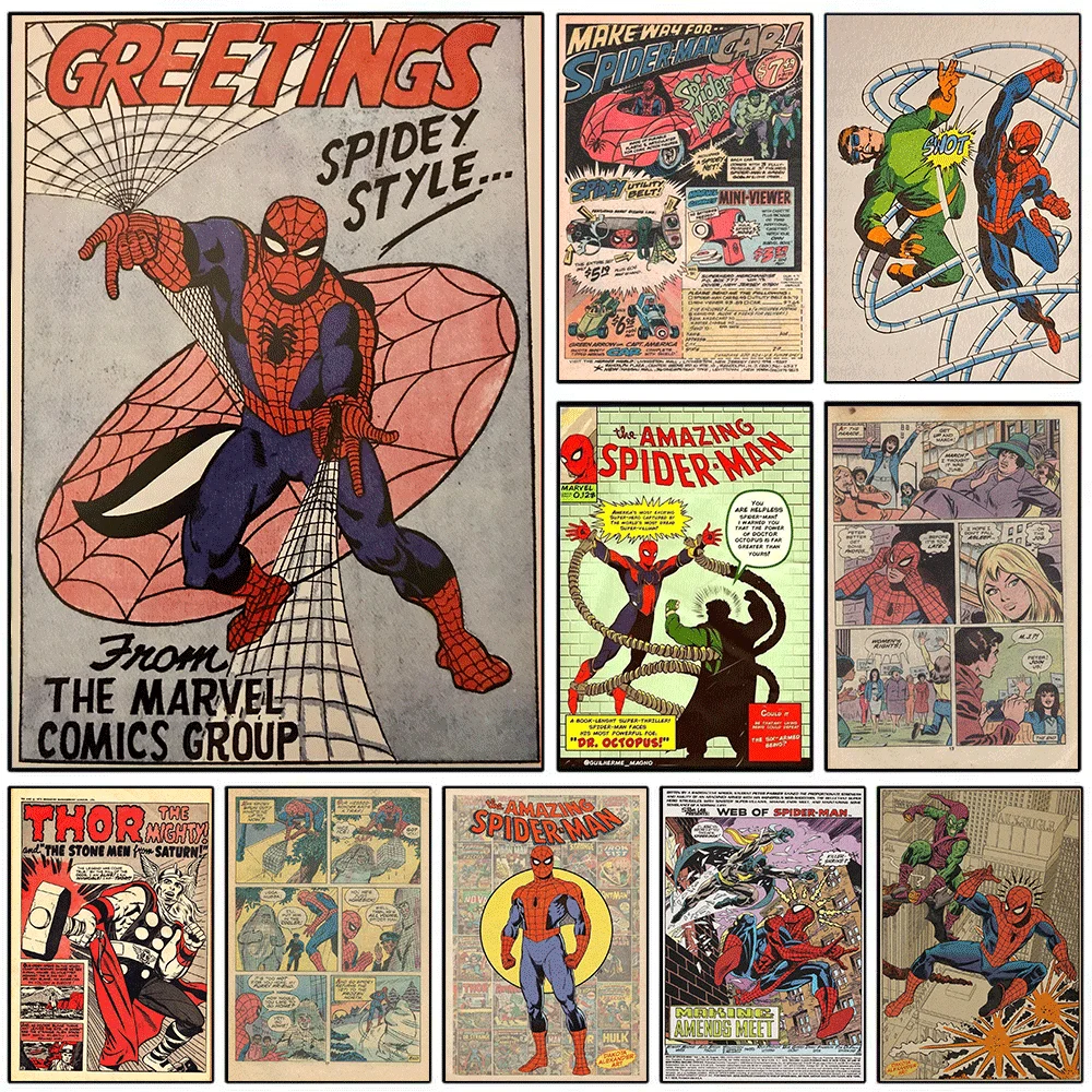 AZNM Marvel Superhero Comic Cover Collage Frameless Canvas Wall‑Art Wolverine Spider‑Man Vintage Comics Print Poster For Boys