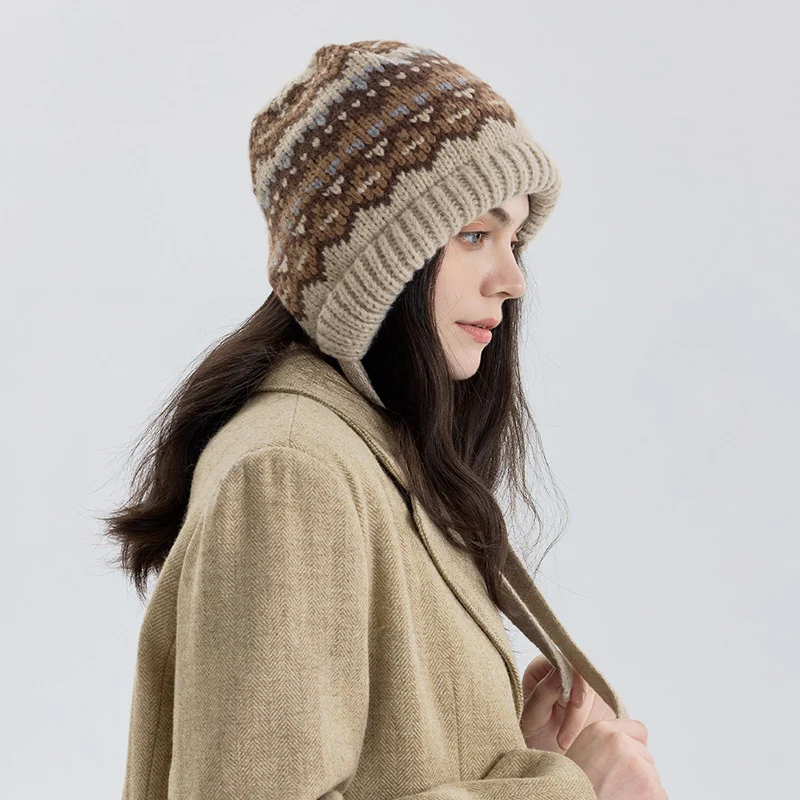 Cozy Fair Isle Beanie Women Winter Hat with Ear Flaps Windpr
