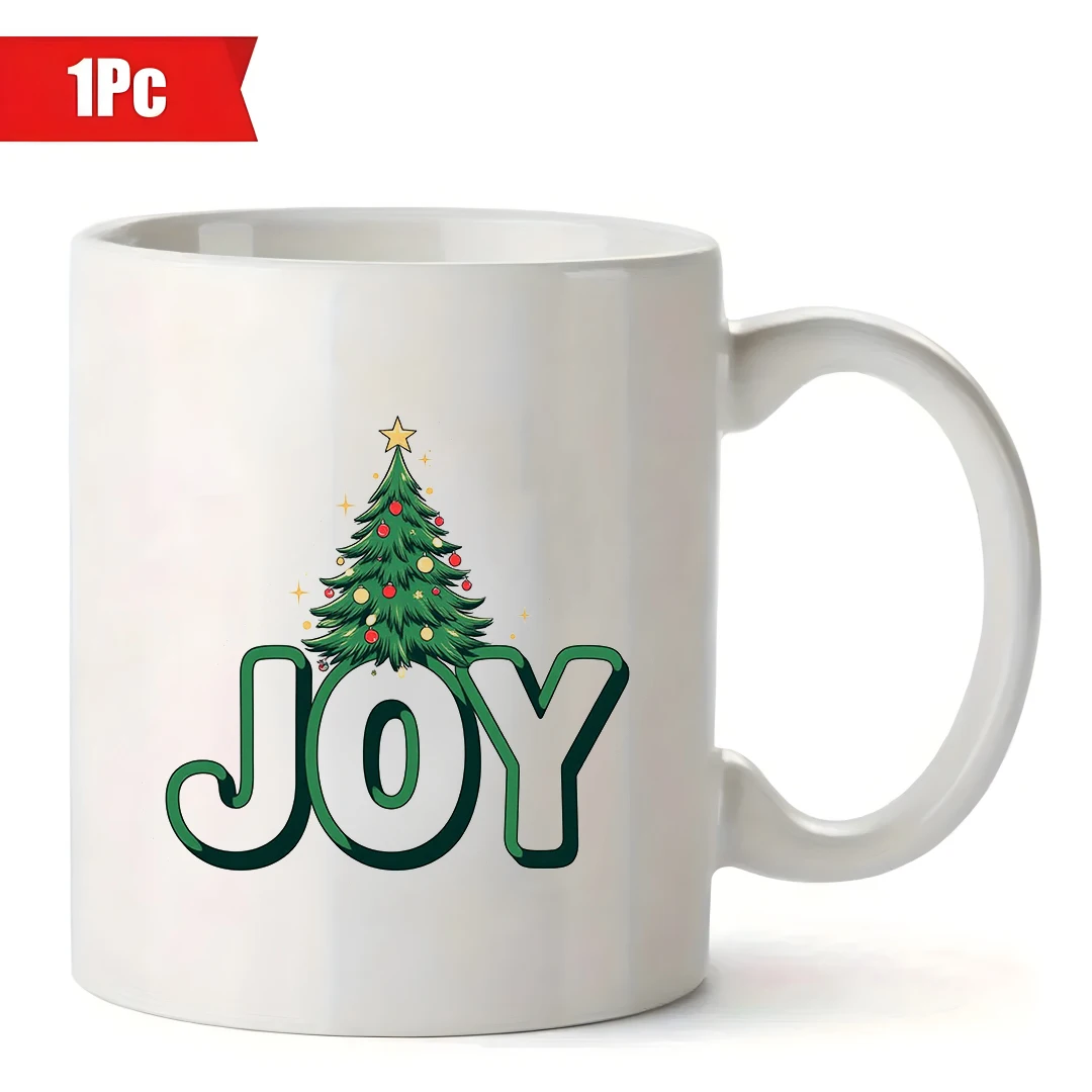 11オンスカップ + 漫画のクリスマスツリー柄 + フェスティブジョイロゴ クリスマスギフト キッズウォーターカップ ファミリーオフィスコーヒーカップ