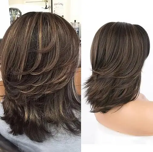 Cabelo sintético perucas em camadas curtas com cortina Bangs para mulheres, Brown Bob, perucas em camadas, Pixie Cut