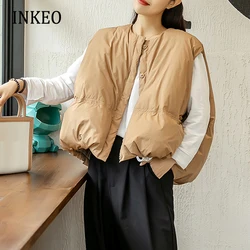 INKEO-chaleco informal de gran tamaño para mujer, chaqueta de plumón de ganso blanco, sin mangas, con cuello redondo, color caqui, cálido, a la moda, para otoño e invierno, 90%, 2O157