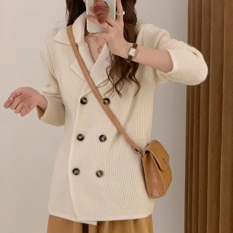 

Двубортный женский осенне-зимний белый вязаный кардиган средней длины с отложным воротником, свитер с длинными рукавами, офисные женские пальто