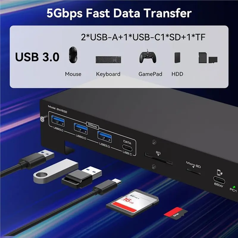 A31T KVM Switch Docking Station, USB-C, 3 Monitors 2 Computers, 4K@120Hz for Displayport, 100W PD Charging, US Plug