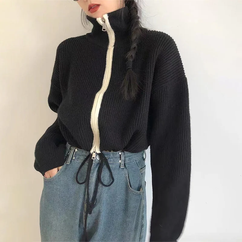 

New Stand-Up Collar Patchwork Knitted Cardigan Women Double Zippers Drawstring Design Coat Harajuku Vintage Streetwear Cardigan