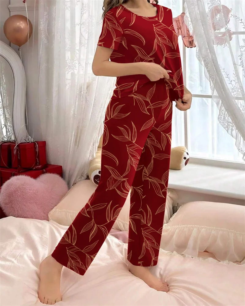 Red bamboo printed pajama suit short sleeved round neck top and elastic belt trousers women\'s pajamas and home wear