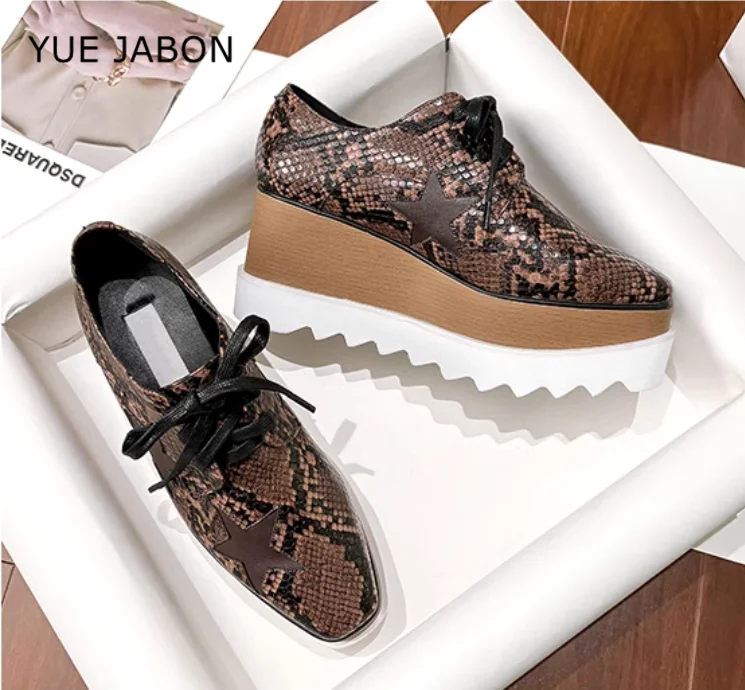 Coffee-coloured Shoes Woman 2024 Trend Snake Pattern Stars Lace Up Casual Shoes Ladies Square Toe Chunky Wedges Platform Shoes