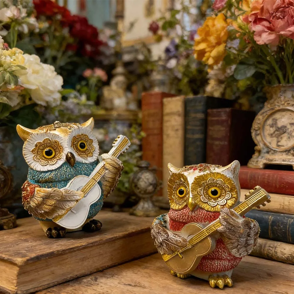 Figura Musical de Búho con Guitarra, Estatua de Resina con Detalles Dorados, Linda Decoración para Estante y Escritorio, Regalo para Amantes de los Búhos y la Música
