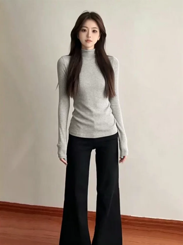 Women's plus Size Fleece Lined Long Sleeve Base Shirt Half High Collar Warm Inner Wear Slim Fit Top for Autumn Winter