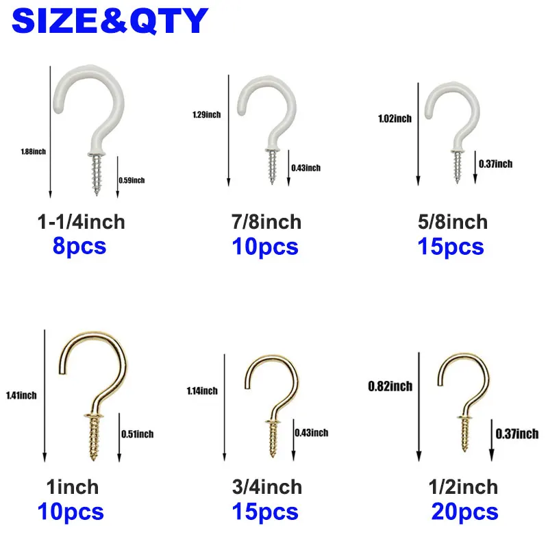 78Pcs Wall Ceiling Hook Screw Set Hanging Screw-In Hooks Kit for Light Plant Kitchen Cup Carbon Steel Screws Eye 6 Sizes