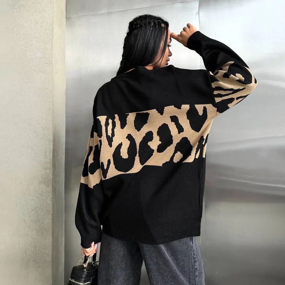 Fashion Vintage Sweater Leopard Print Contrast Color Knitted Tops Women Autumn Winter Oversized Loose Casual Pullover Sweaters