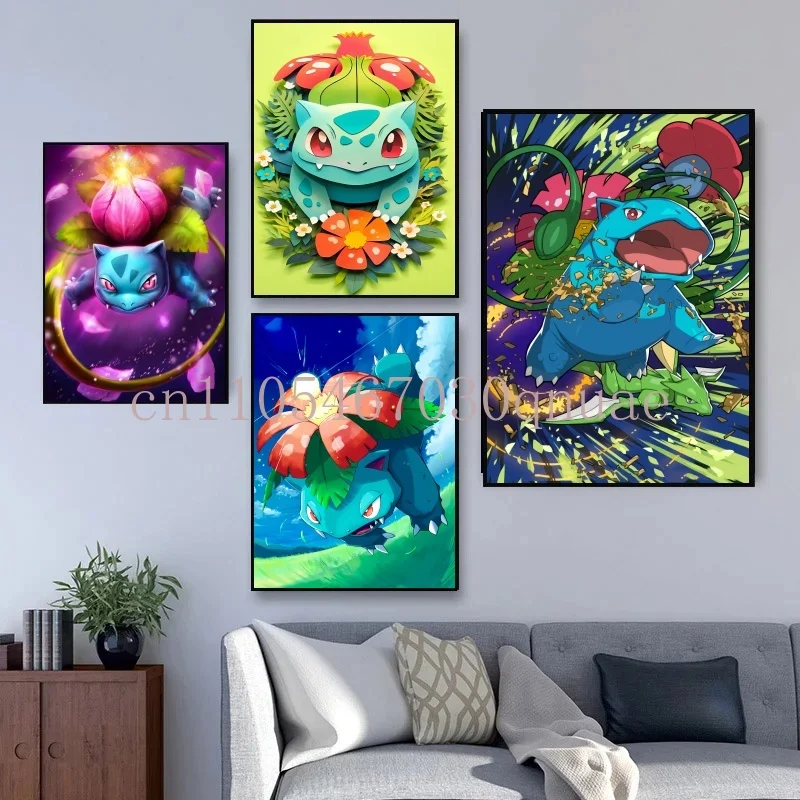 Kanvas Pokemon Anime Periferal Bulbasaur Poster Gambar Seni Cat Air Lukisan Kanvas untuk Hadiah Dekorasi Dinding Kamar Tidur Anak-anak