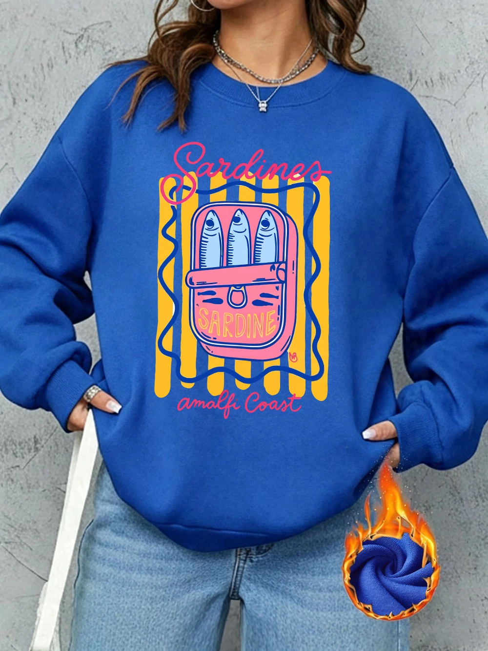 Sardines Amalfi Coast Prints Sweatshirts für Damen, Fleece, warm, bequem, Kapuzenpullover, Rundhalsausschnitt, lockere Oberteile, Winter, lässige Damenkleidung – Detail 17