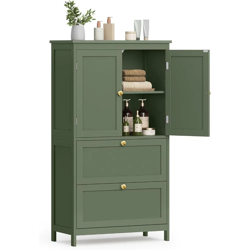 Bathroom Floor Storage Cabinet with 2 Drawers and 2 Doors, Adjustable Shelves, 11.8 x 23.6 x 43.3 Inches, Forest Green