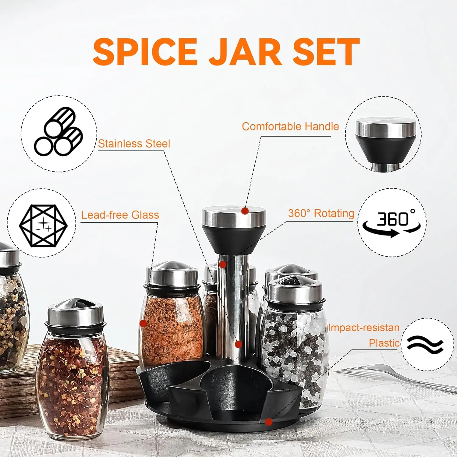 6pcs Set Rotating Seasoning Jar Salt Sugar Pepper Shakers Bottle Spice Rack Seasoning Organizer Holder Kitchen Containers Jars