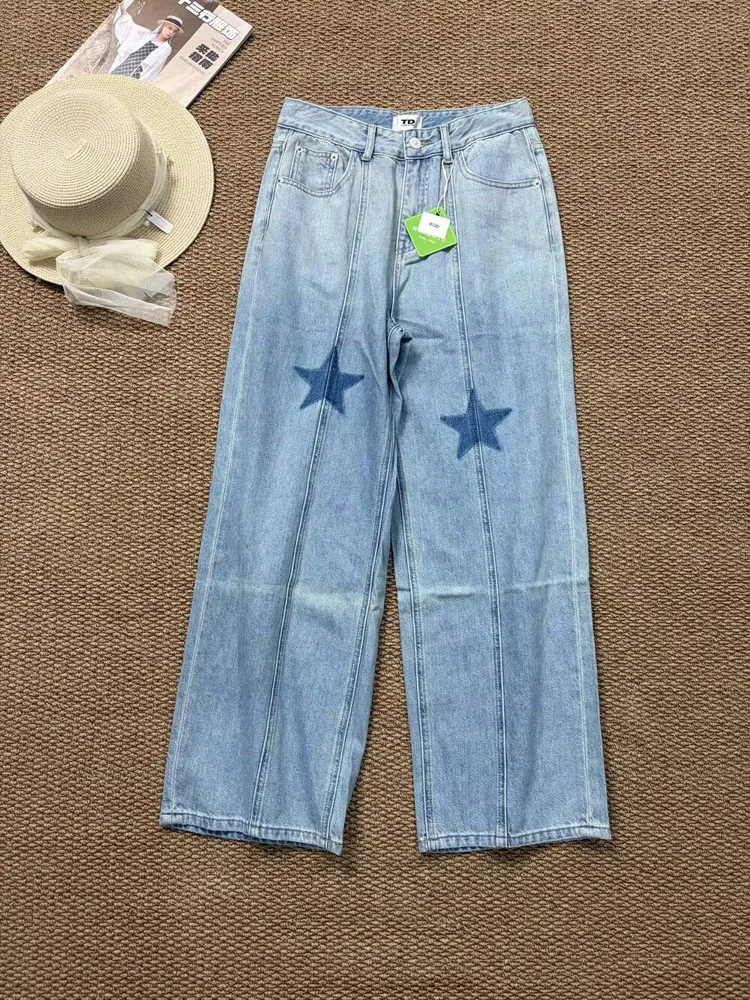 Blue Cotton Jeans Women Star Print Topstitch Decoration Double Split Seam Zipper Straight Denim Trousers Ladies Long Pants