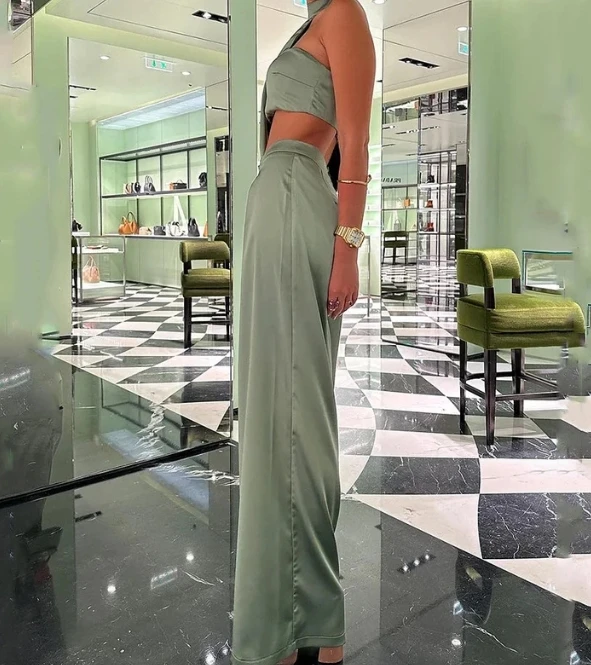 2024 Women's Fashion Elegant Hanging Neck Oblique Shoulder Bra Sexy Open Navel Wide Leg Pants Set