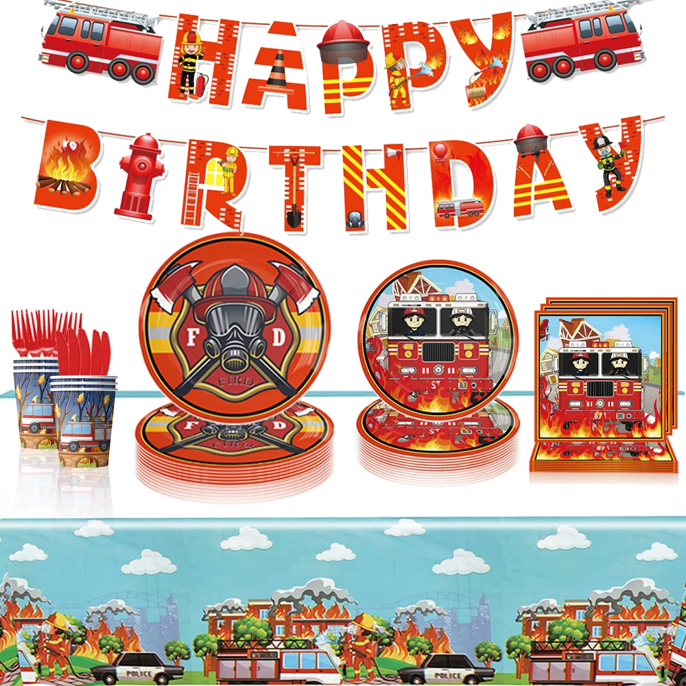 Juego de Vajilla para Fiesta de Bomberos, Plato con Diseño de Camión de Bomberos, Pancarta, Globo con Diseño de Hidrante, Decoración para Fiesta de Cumpleaños Infantil