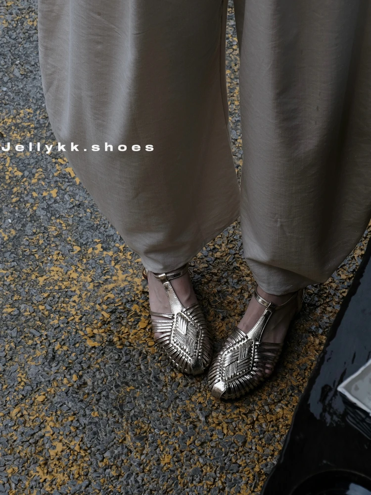 

Jell Panger n Sle Woven из натуральной кожи, повседневные римские сандалии с круглым носком, удобная подошва из TPR на среднем каблуке для повседневной носки